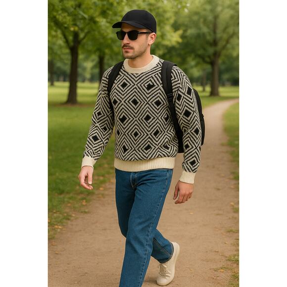 Vintage LeRoy Knit Geometric Sweater M Taiwan 80s Retro Optical Illusion‎ - Picture 5 of 5